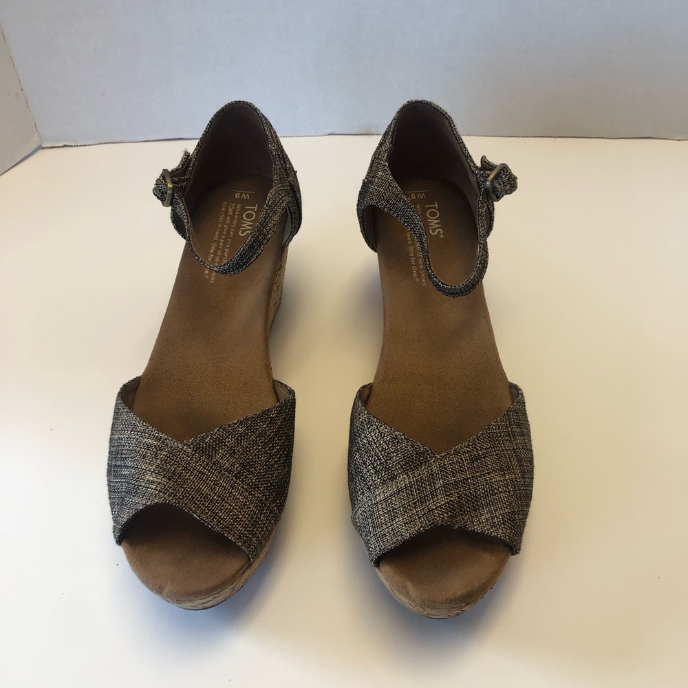 TOMS Womens Size 9 Brown Burlap Open Toe Ankle Straps Cork Wedge Platform Shoes